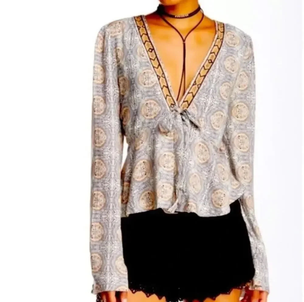 Free People Size S Paisley Boho Blouse Deep V Neck Long Sleeve Flowy Top